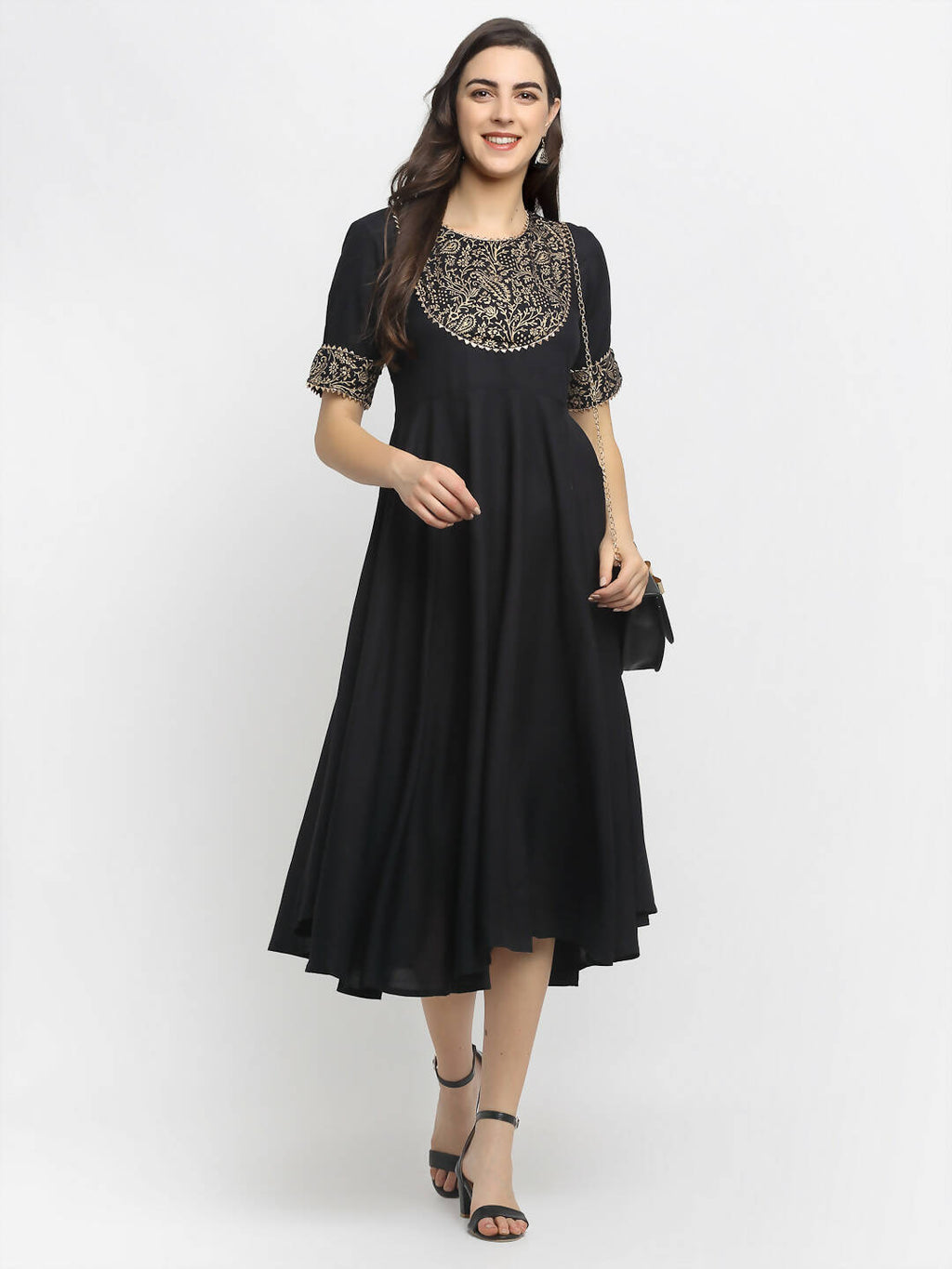 Rudra Bazaar Black Block Printed Flared Ethnic Kurta | Grocsy