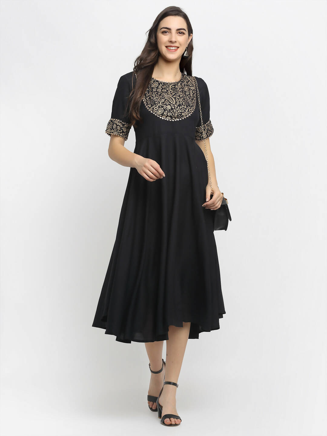 Rudra Bazaar Black Block Printed Flared Ethnic Kurta | Grocsy