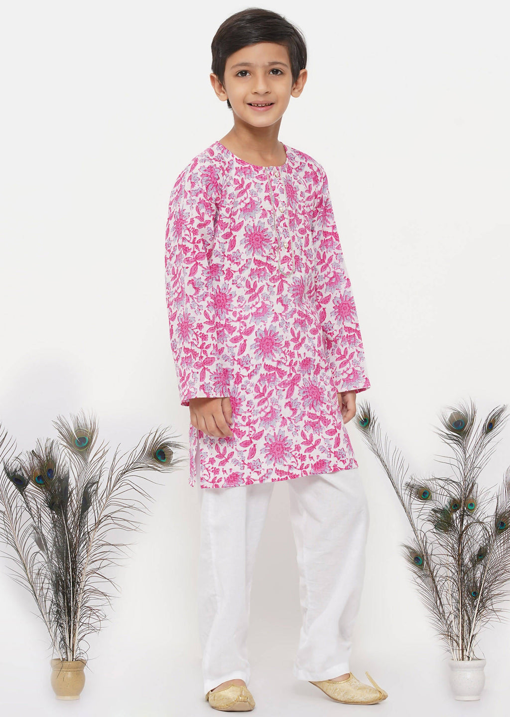 Little Bansi Boys Cotton Floral Kurta with Pearl Buttons & Pyjama in Pink & Cream | Grocsy