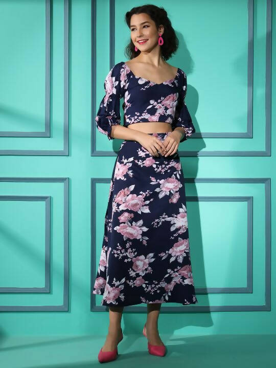 Blue Crepe Floral Printed Top with Matching Skirt - Shivani | Grocsy