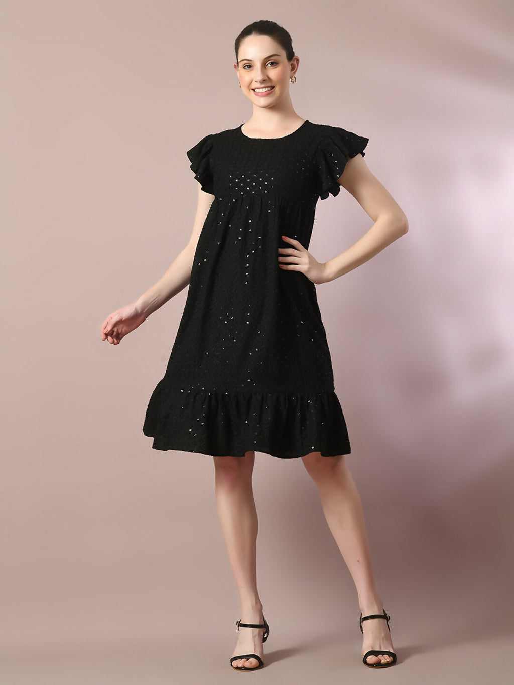 Myshka Women's Black Embroidered Cotton Round Neck A-Line Party Dress | Grocsy
