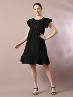Myshka Women's Black Embroidered Cotton Round Neck A-Line Party Dress | Grocsy