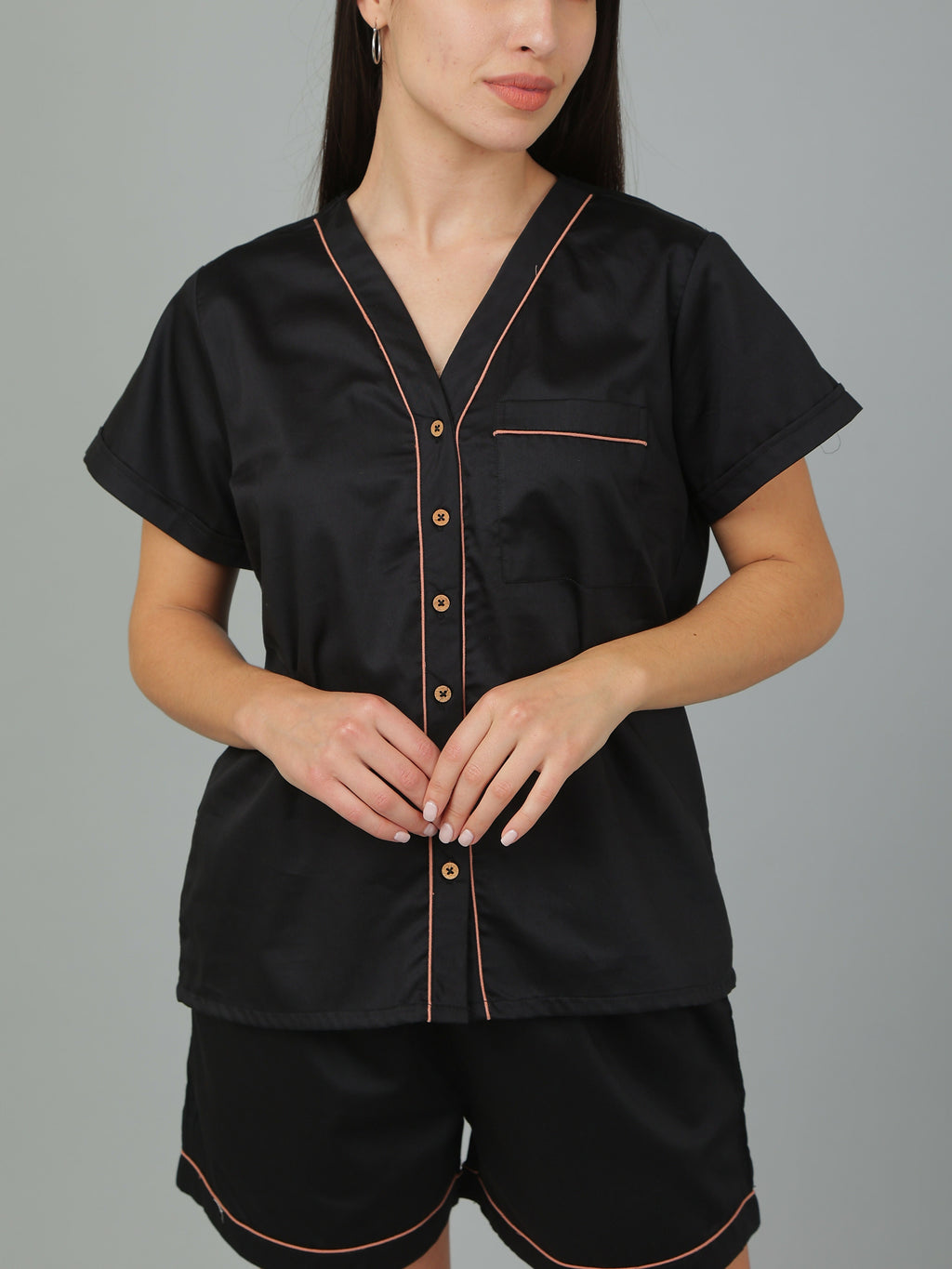 Breathables Women Cotton Night Suit Shirt And Shorts Co-Ord Set I Nightwear | Loungewear Set In Solid Colours | Grocsy