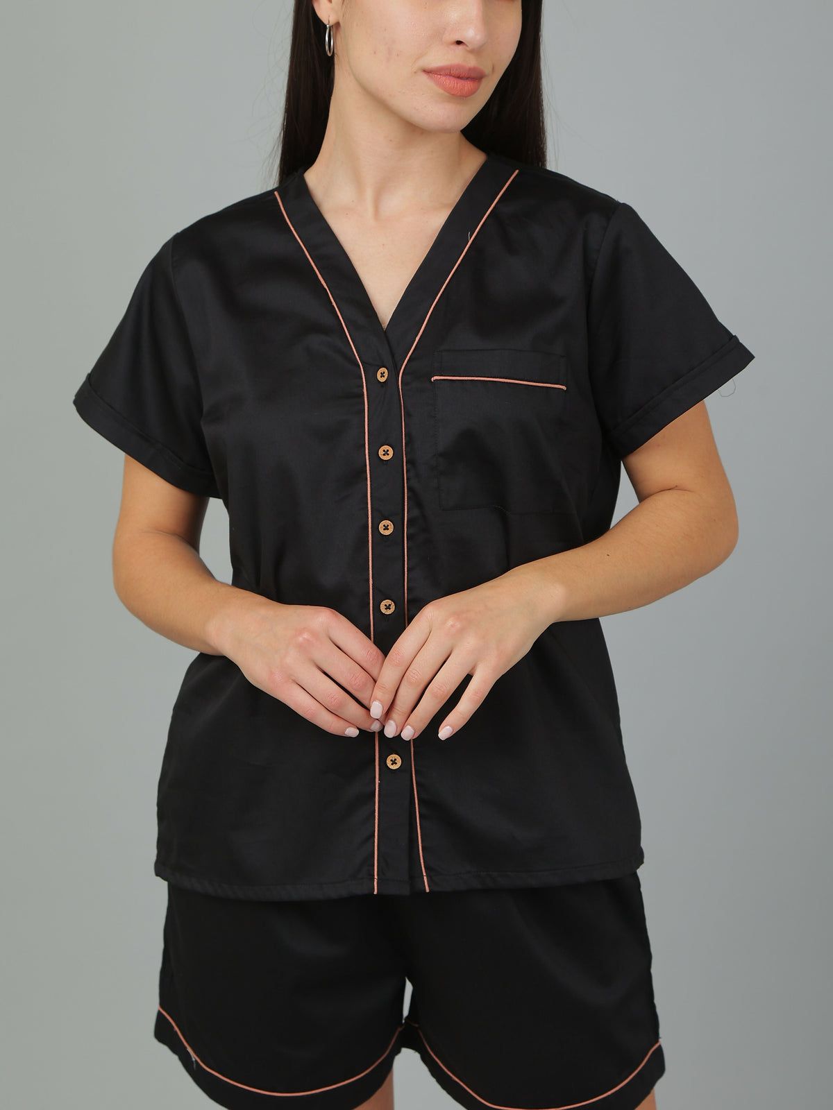 Breathables Women Cotton Night Suit Shirt And Shorts Co-Ord Set I Nightwear | Loungewear Set In Solid Colours | Grocsy