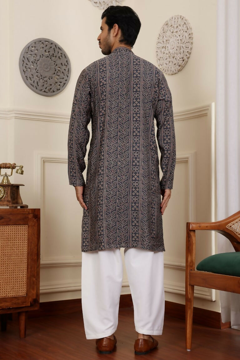 Blue Modal Silk Woven Designer Men's Rajwadi Kurta Set - Mahotsav | Grocsy