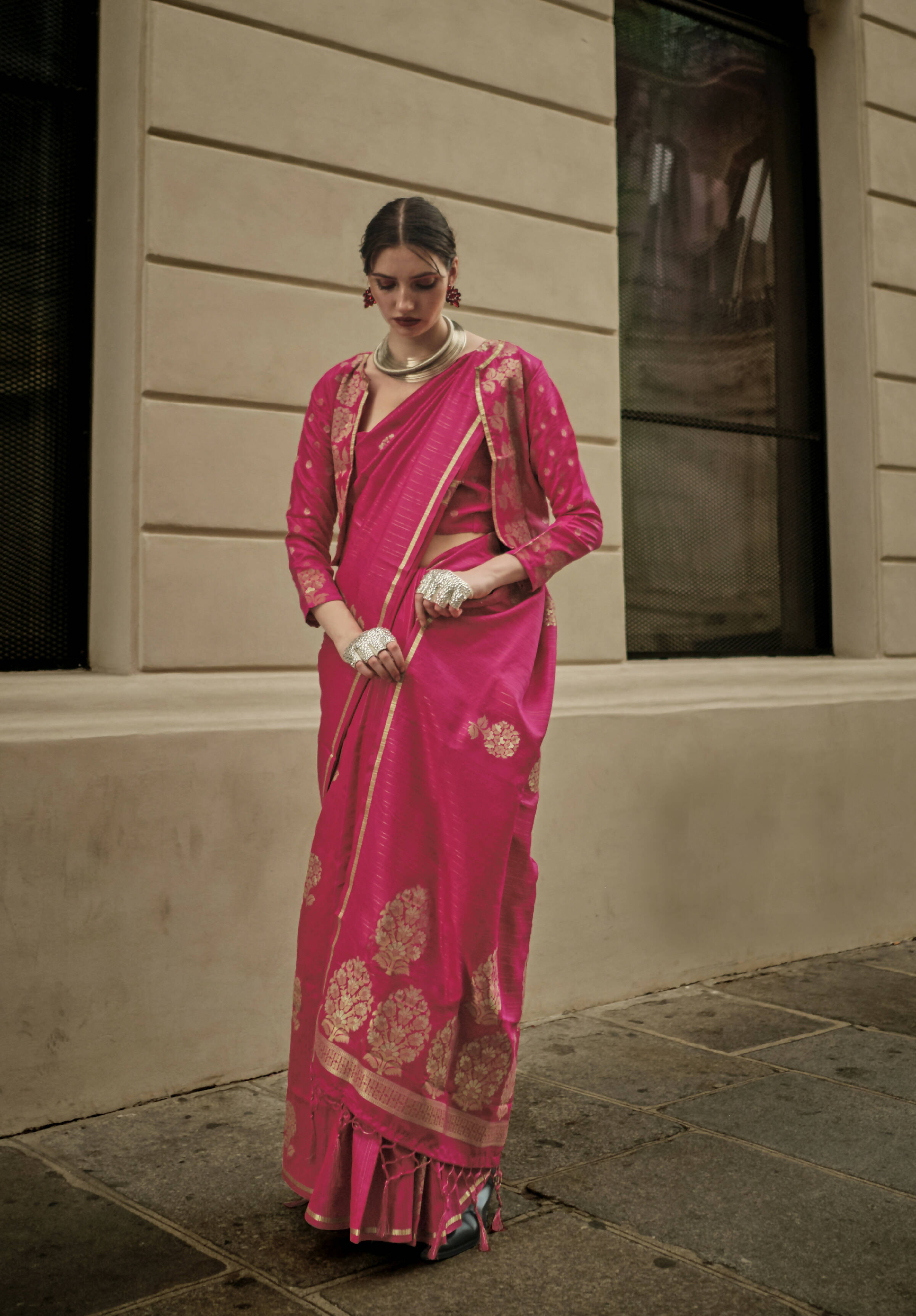 Dark Pink Weavead Thread & Zari Work, Handloom Weaving Banarasi Satin Silk Saree - Rajtex Kronicle Silk | Grocsy