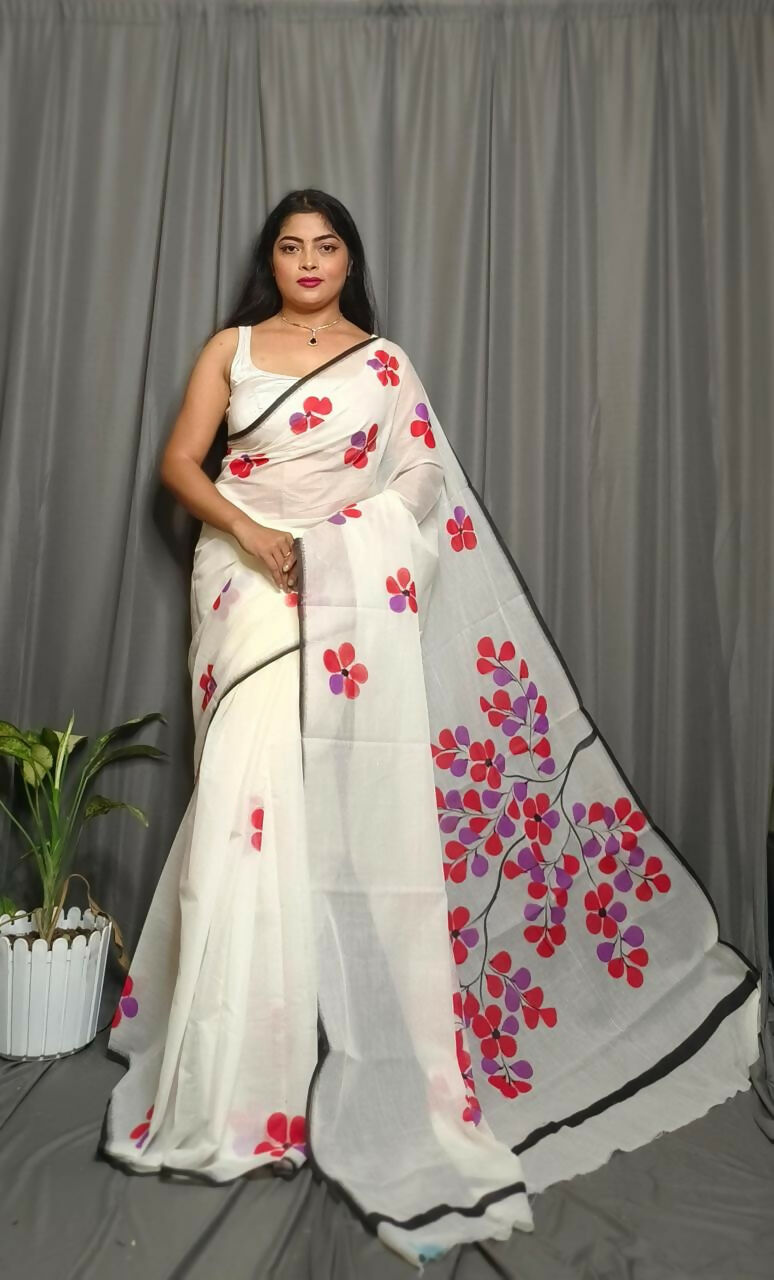Exclusive Collection Beautiful White Red Pure Cotton Hand Print Handloom Saree With Running Blouse Piece | Grocsy