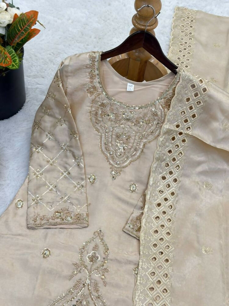 Teeya Creation Cream Color Gimmychu Silk Embroidery Work Wedding Wear Salwar Suit | Grocsy