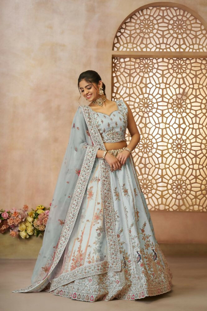 Kesar Fab Sky-Blue Zari Silk Hand_Woven Lehenga | Grocsy