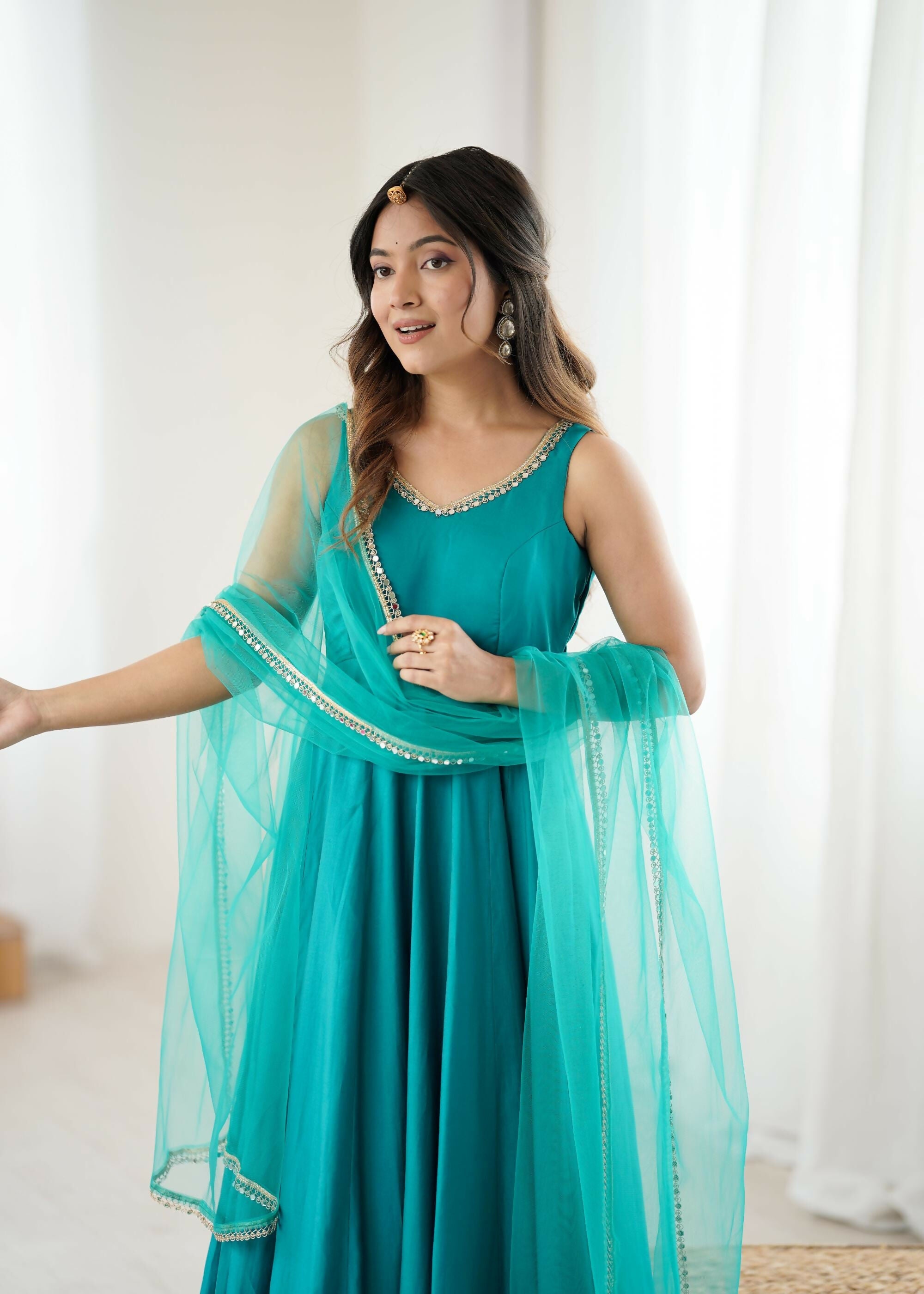 The52 Women's Beautiful Roman Silk Chanderi Fabric Flared Anarkali Pant and Dupatta Set | Grocsy
