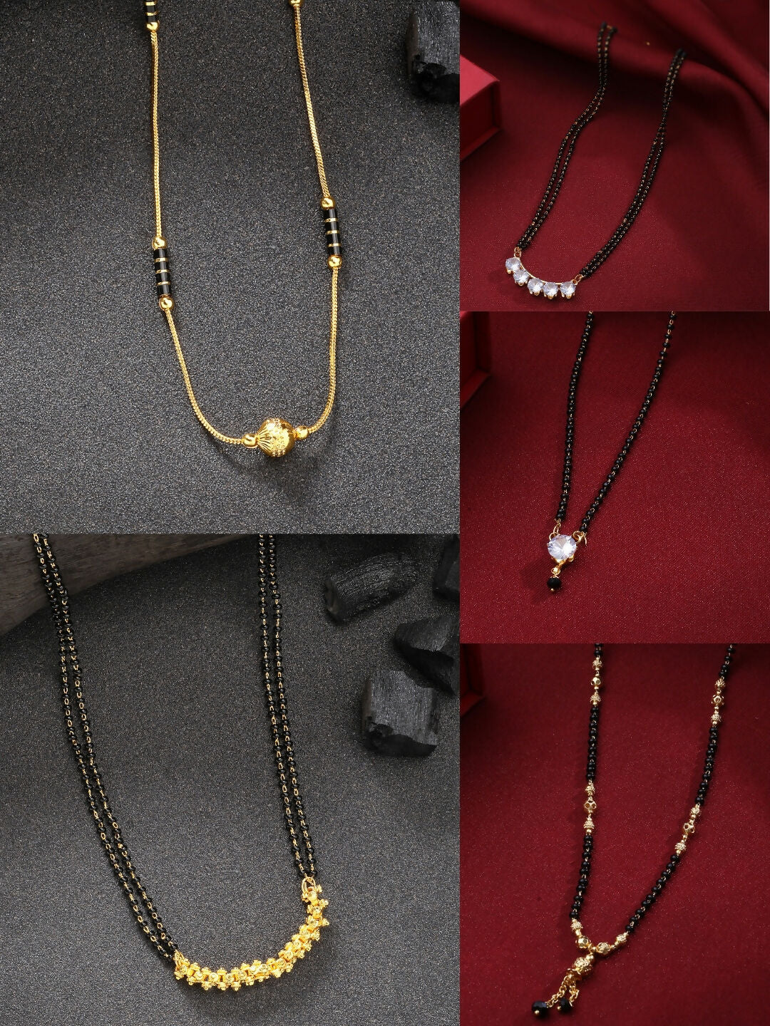NVR Women's Set of 5 Gold-Polished CZ Stone-Studded & Beaded Mangalsutra | Grocsy