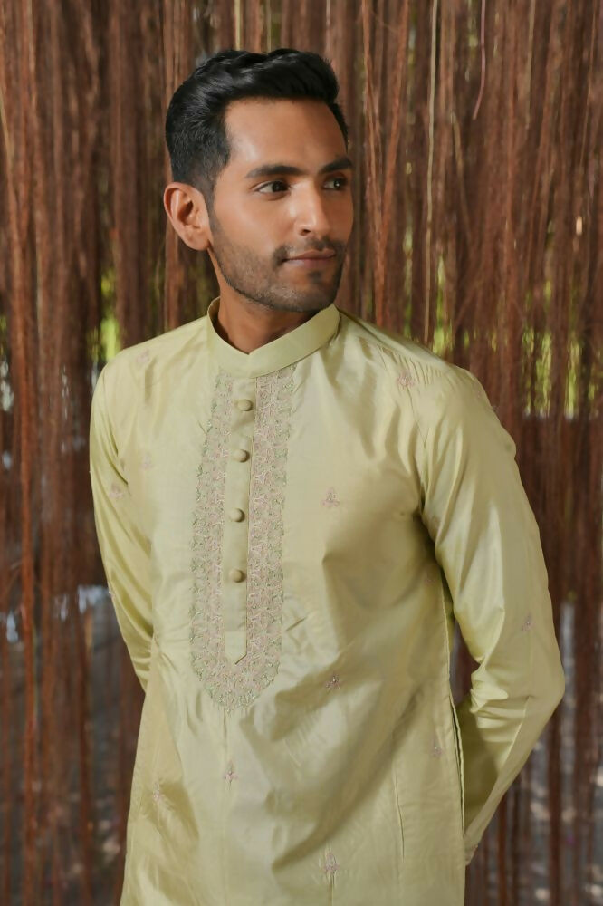 Olive Kanjivaram Machien Embroidered Pattu Set by Hilo Design | Grocsy