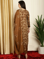 Jyoti Fashion Women's Brown Pashmina Floral Digital Printed Kurta with Trouser & Dupatta | Grocsy