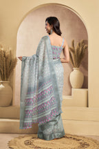 Vastranavya Grey Digital Printed Linen Ready To Wear Designer Saree with Unstitched Blouse | Grocsy