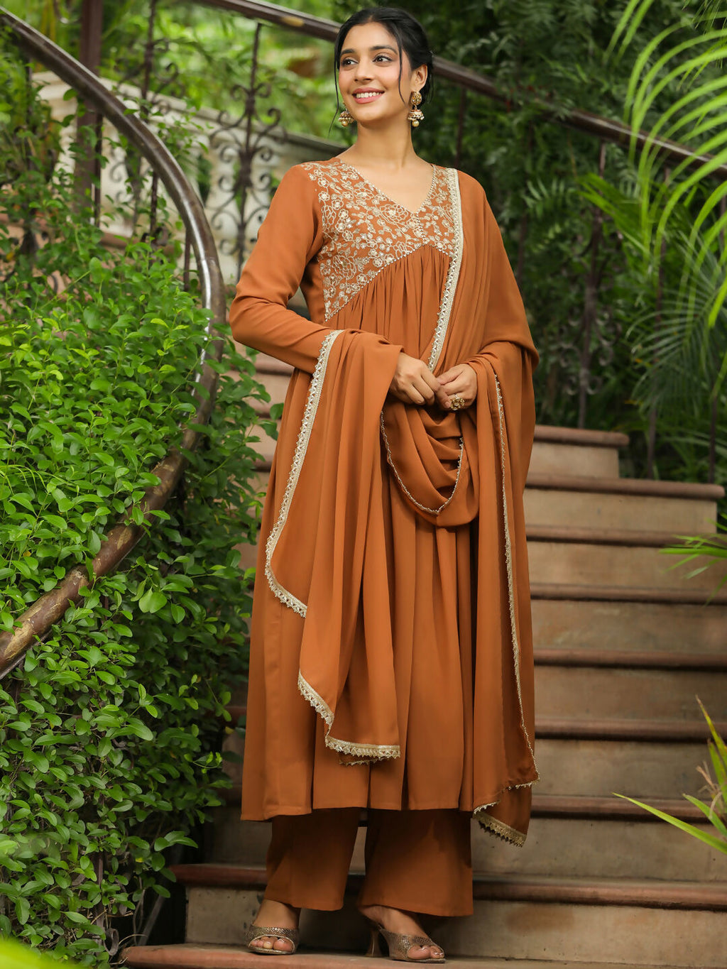 Janasya Brown Georgette Yoke Embroidery Kurta,Bottom & Dupatta | Grocsy