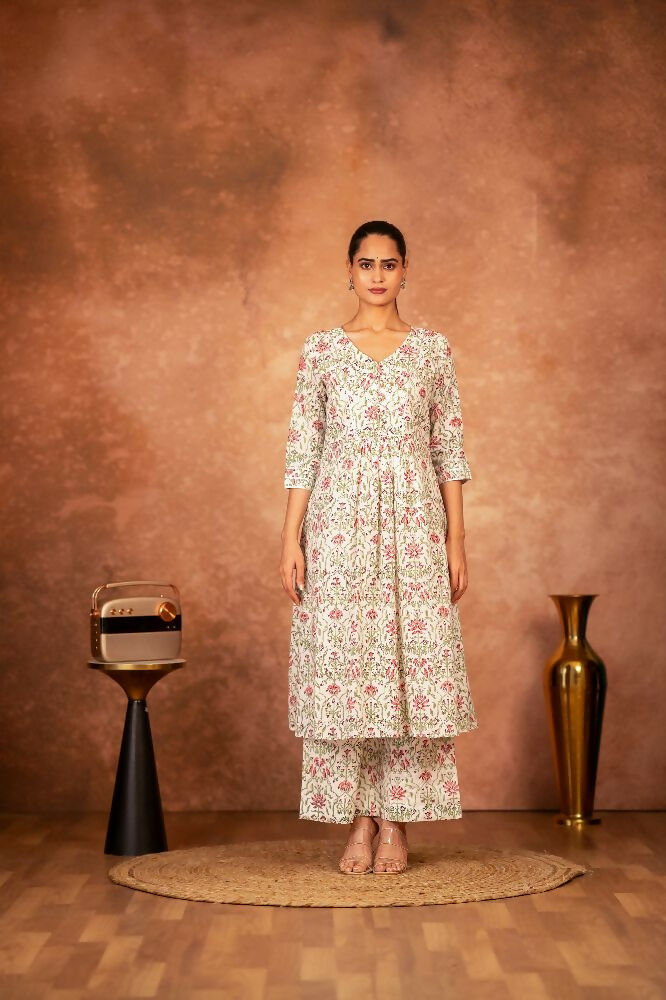 Joban Fashion Green Pink Hand Block Printed Cotton Suit Set | Grocsy