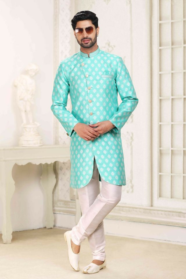 Raivat Ethnic Banarasi Jacquard Embroidery Semi Indo Western Sherwani In Green Colour | Grocsy