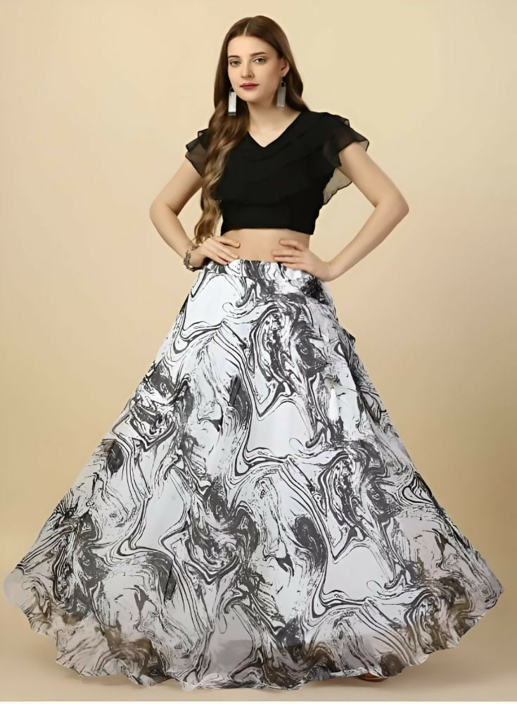 Dishitha Creation Printed Stitched Lehenga & Crop Top - Black & White | Grocsy