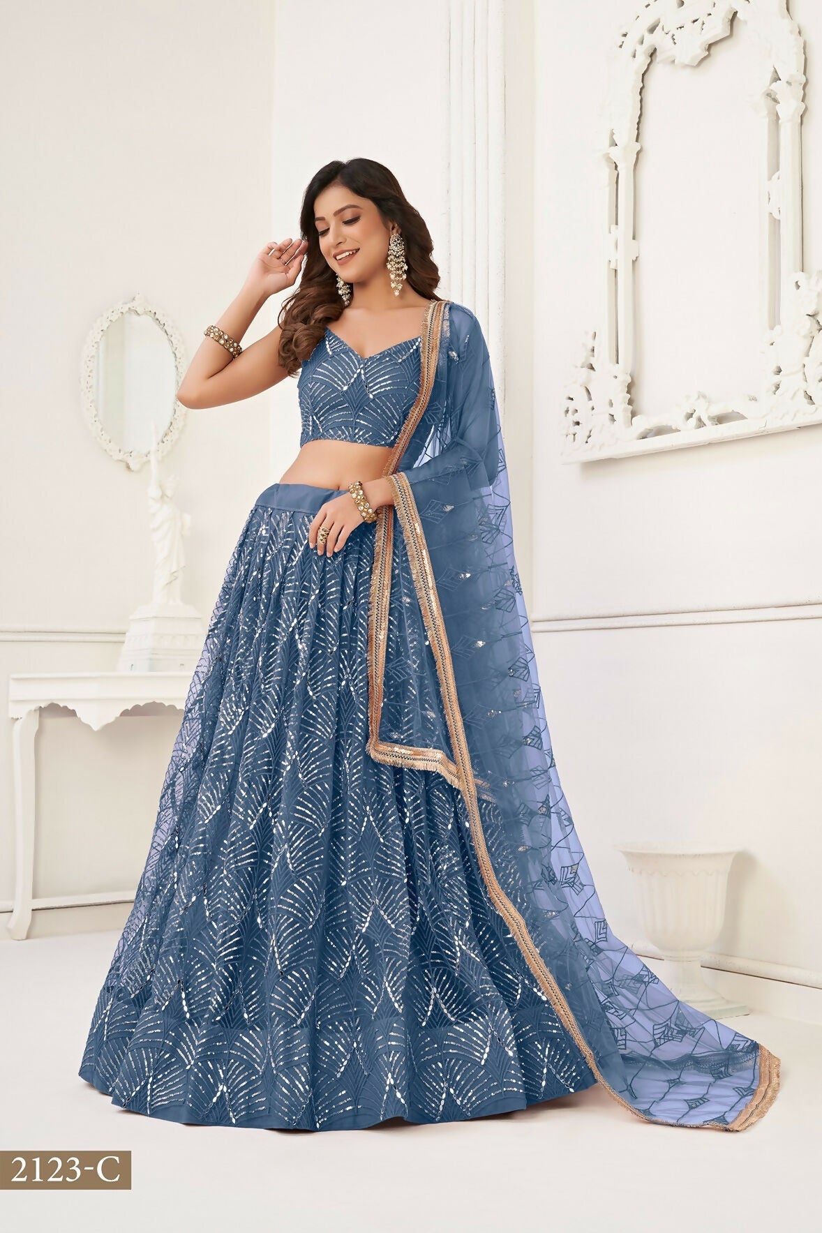 Eilara Glamorous Turquoise Net With Sequins And Thread Embroidery Real Mirror Work Lehenga Choli For Wedding | Grocsy