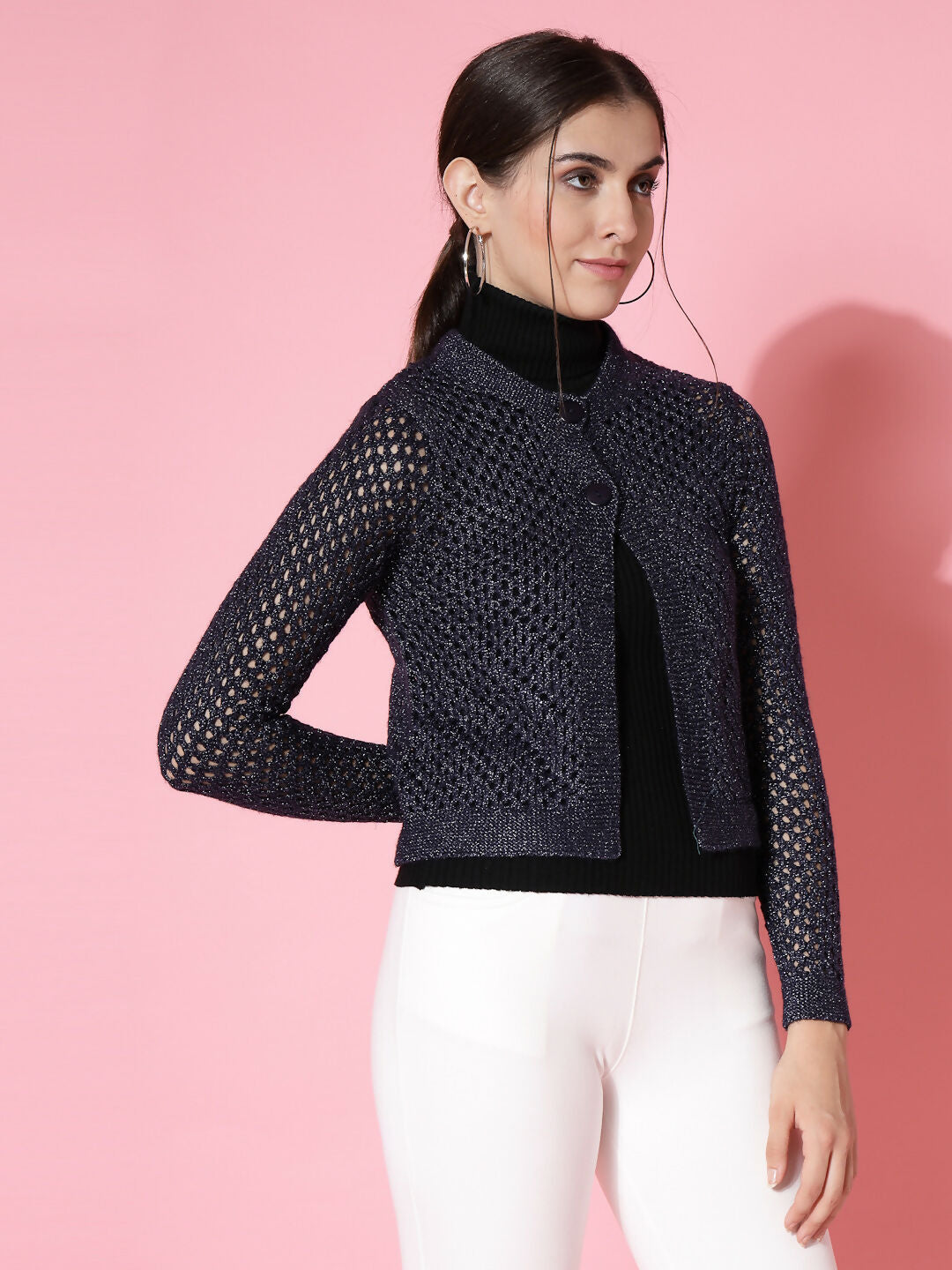 Women Self Design Navy Blue Acrylic Winter Shrug - Wool Trees | Grocsy