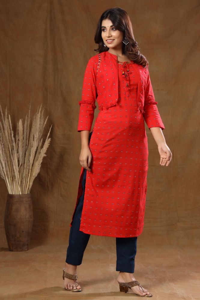 Kaajh Red Printed Jacket Kurta Pant Set For Women | Grocsy