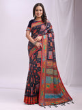 Shree Shyam Fashion Vastraloom Navy Blue Linen Cotton Saree | Grocsy