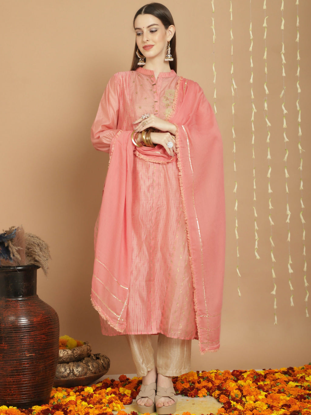 Jyoti Fashion Women's Peach Chanderi Silk Elegant Jardoshi Semi Kurta with Trouser & Dupatta | Grocsy