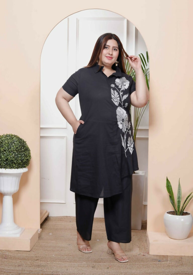 Miravan Women's Plus Size Black Pure Cotton Floral Embroidered High Low Co-Ord Set | Grocsy