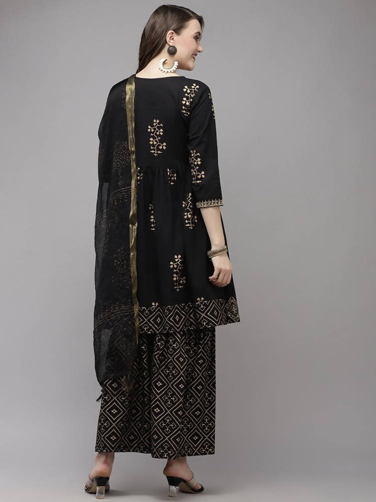 Yufta Women Black Printed Kurta with Sharara & With Dupatta | Grocsy
