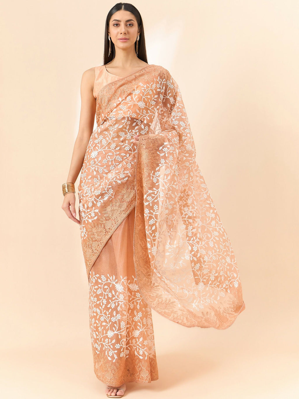 Peach Organza Floral Embroidered Saree with Unstitched Blouse Piece - Roozal | Grocsy