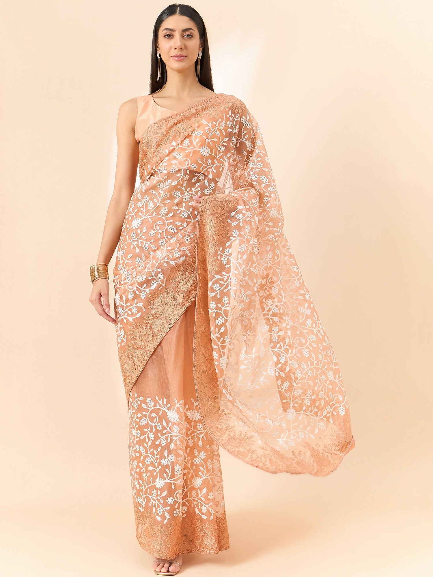 Peach Organza Floral Embroidered Saree with Unstitched Blouse Piece - Roozal | Grocsy