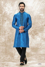Raivat Ethnic Jacquard Silk Brocade Thread Work Kurta Pajama In Blue Colour | Grocsy