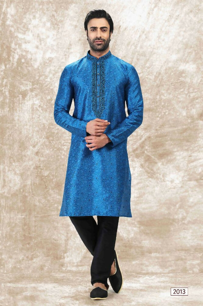 Raivat Ethnic Jacquard Silk Brocade Thread Work Kurta Pajama In Blue Colour | Grocsy