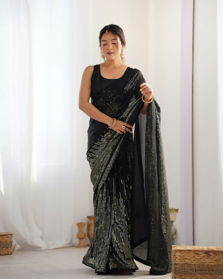 Black Georgette Designer Sequence Embroidery Work Saree - Sitare | Grocsy