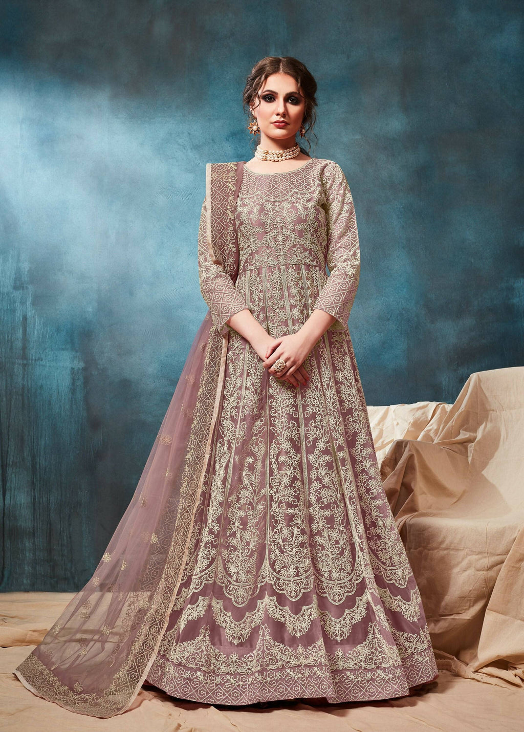 Anaita Light_Brown Embroidered Net Anarkali Suit | Grocsy