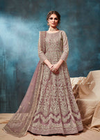 Anaita Light_Brown Embroidered Net Anarkali Suit | Grocsy