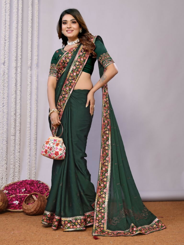 Green Silk Georgette Resham And Zari Embroidery Stone Handwork Saree - Norita Saumya | Grocsy