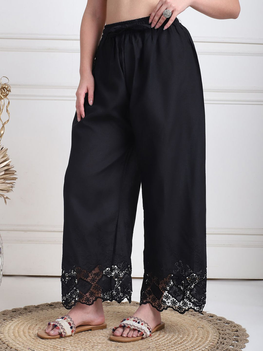 TAG 7 Women Floral Hem Design Flared Ethnic Palazzos | Grocsy