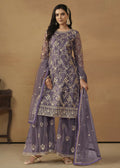 Dusty Purple Net Embroidered Wedding Festive Gharara Suit - Emponline | Grocsy