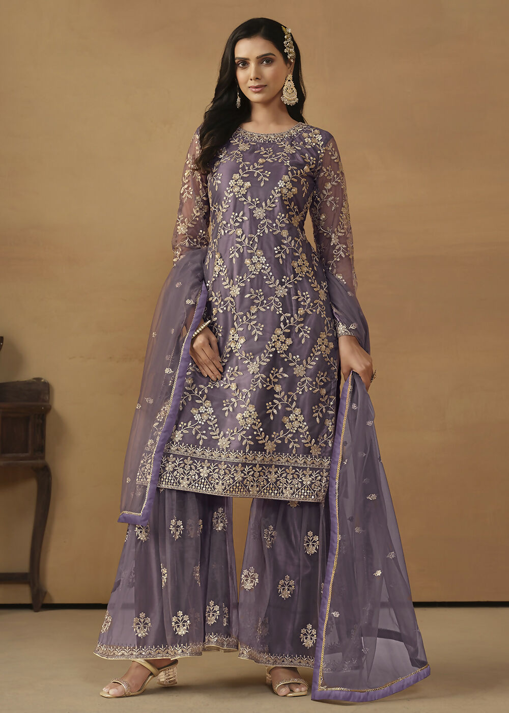 Dusty Purple Net Embroidered Wedding Festive Gharara Suit - Emponline | Grocsy
