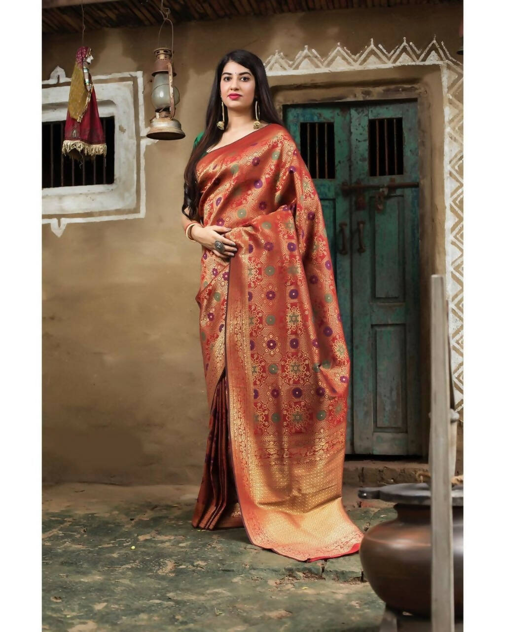 DEIANA'S Beautiful Designer Golden zari Soft Lichi Silk Saree - Red | Grocsy