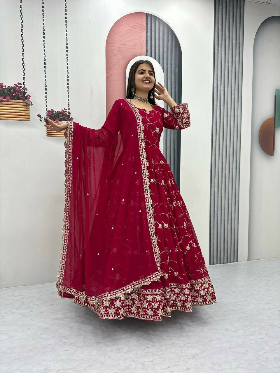 Teeya Creation Womens New Heavy Fox Georgette Fabric With Heavy Embroidery Work Red Kurta Set | Grocsy