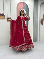 Teeya Creation Womens New Heavy Fox Georgette Fabric With Heavy Embroidery Work Red Kurta Set | Grocsy