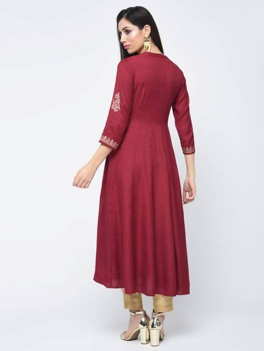 Aniyah Rayon Block Printed Anarkali Kurta In Maroon (AN-116A) | Grocsy