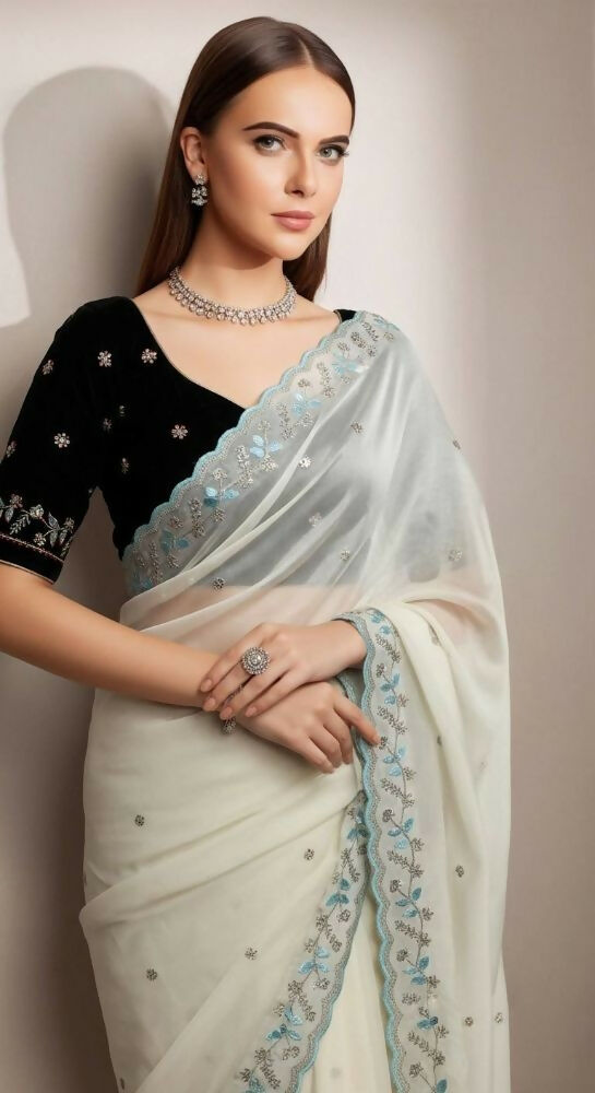 Joban Fashion Off White Faux Georgette Party Wear Sarees | Grocsy