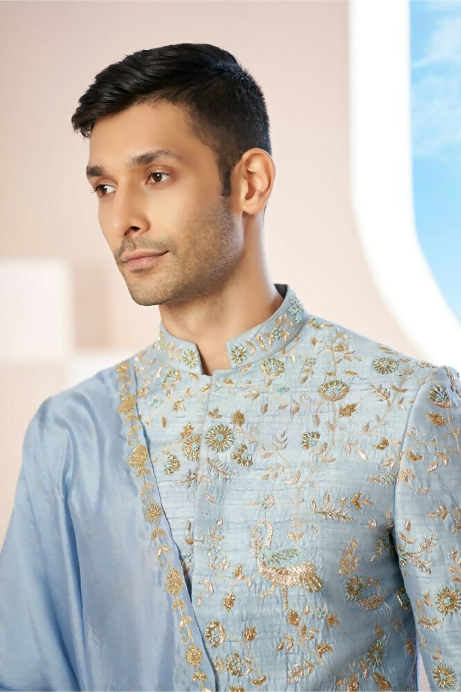 Majestic Blue Sherwani With Intricate Gold Crane And Floral Hand Embroidery. by Hilo Design | Grocsy