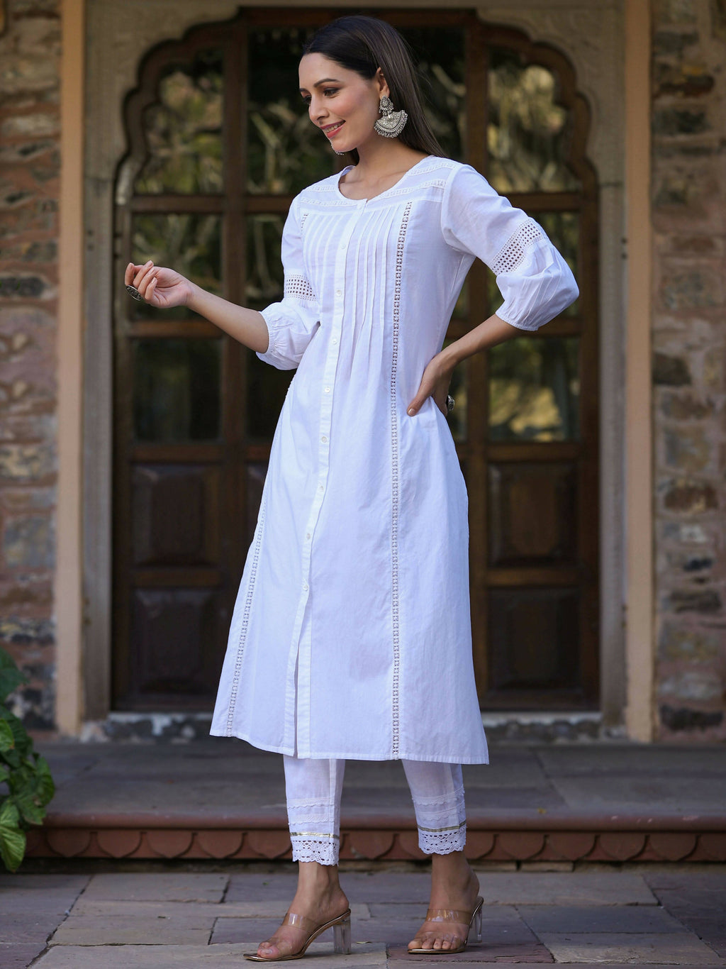 Juniper Women's White Cotton Cambric Solid A-Line Kurta | Grocsy