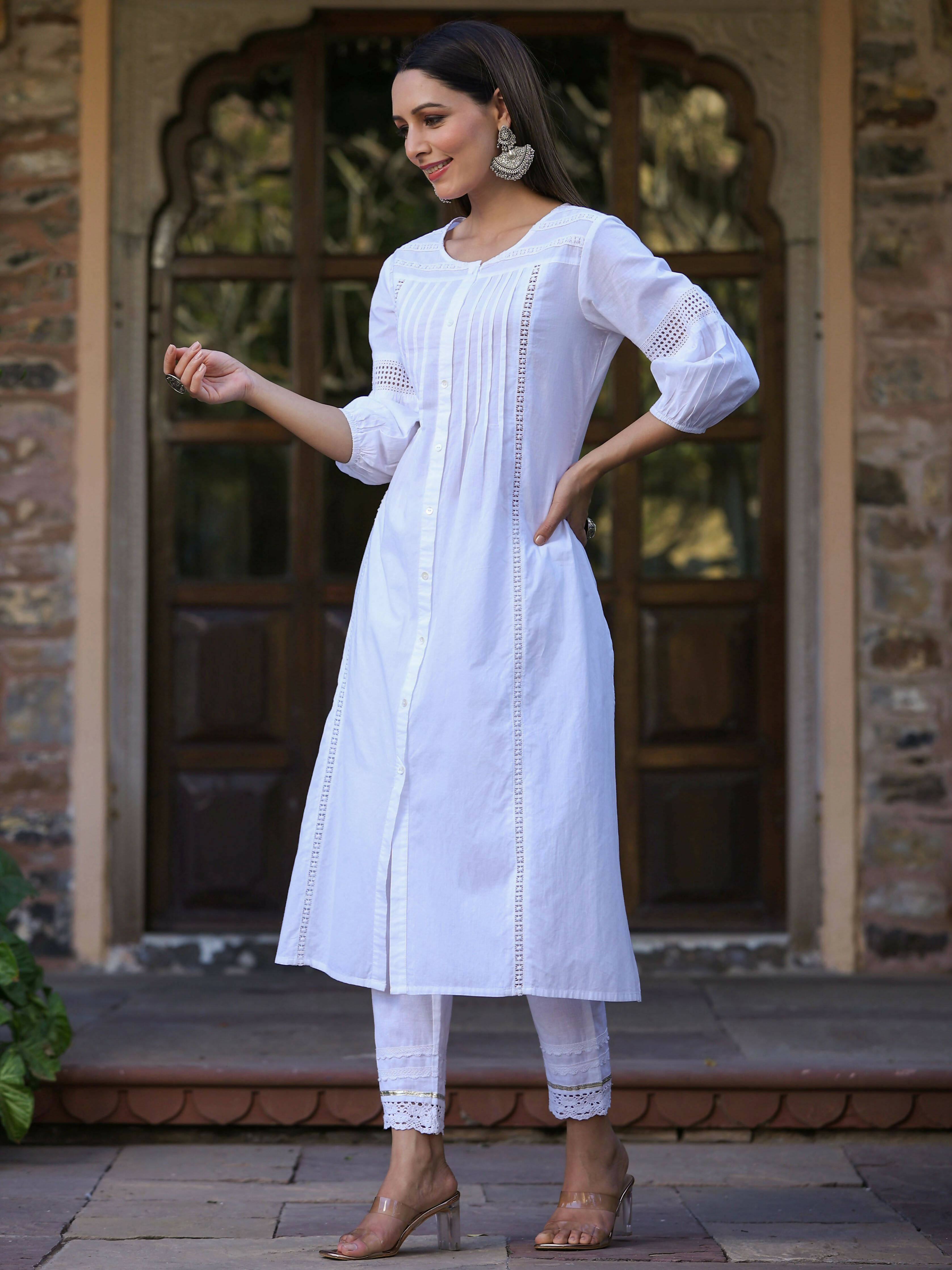 Juniper Women's White Cotton Cambric Solid A-Line Kurta | Grocsy