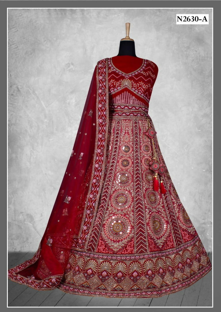 Red Velvet Zardosi Work With Pure Mirror Work Lehenga Choli - Nimaya Tyohar | Grocsy