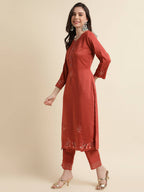Orange Chinon Silk Embroidered Straight Kurta with Trouser & Dupatta - Salimar | Grocsy